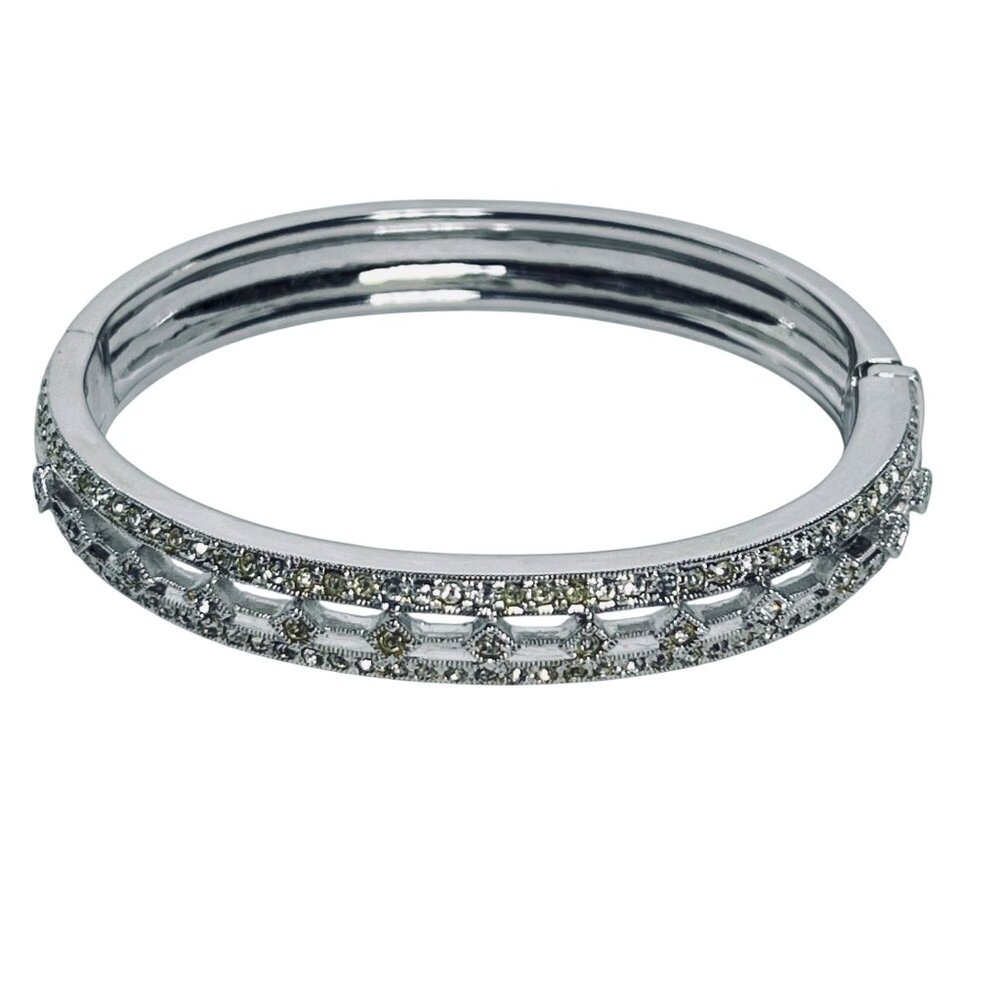 Nadri Silver Tone And Clear Crystal Hinged Bangle Bracelet (5946)